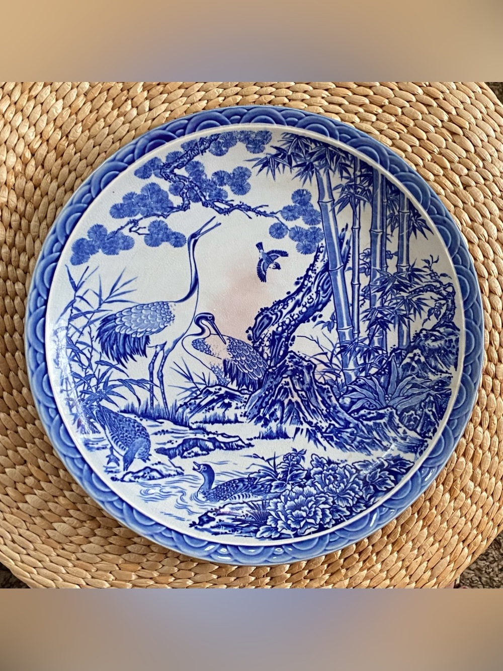 Vintage Blue & White Porcelain 12” Crane & Bamboo Decorative Charger Plate